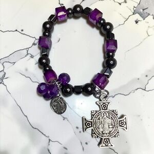 St Benedict Crucifix Stretch Black Hematite Bracelet Religious‎ Gothic Charm